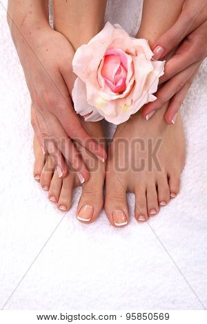Beautiful feet with perfect spa french nail pedicure