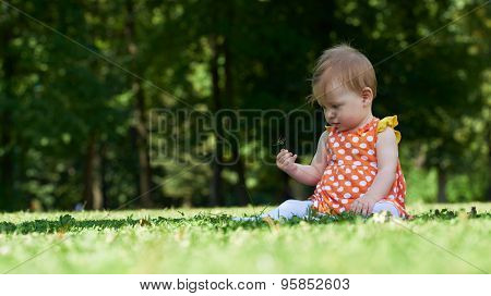 happy young baby child sittng on grass on beautiful summer day in park