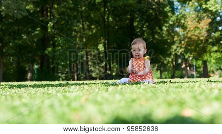 happy young baby child sittng on grass on beautiful summer day in park