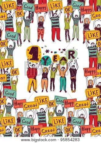 One year happy birthday crowd greeting card