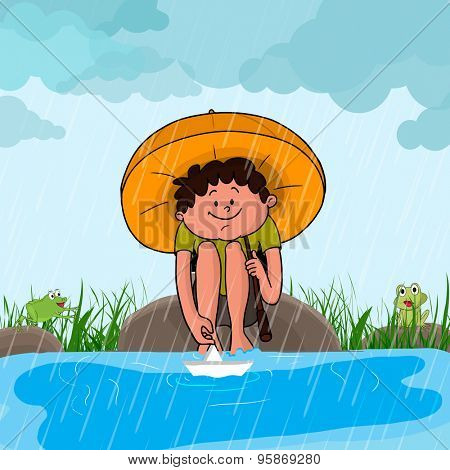Cute little boy with umbrella, sitting at the river side and playing with paper boat on a rainy day, Beautiful illustration for Monsoon Season concept.
