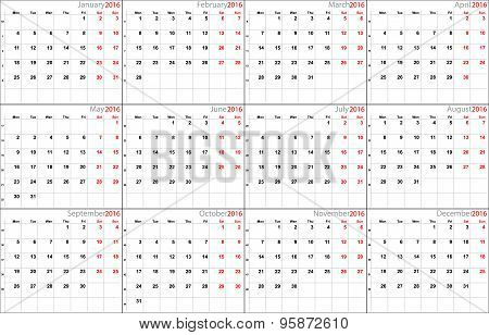 Vector calendar for 2016 eurostyle