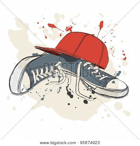 Drawing Vector Illustration With Sneakers And Baseball Cap