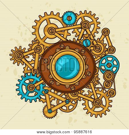 Steampunk collage of metal gears in doodle style