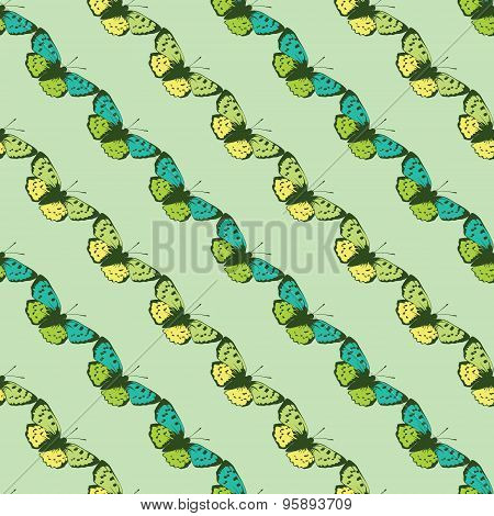 Vector Green Blue Butterflies Diagonal Seamless Pattern