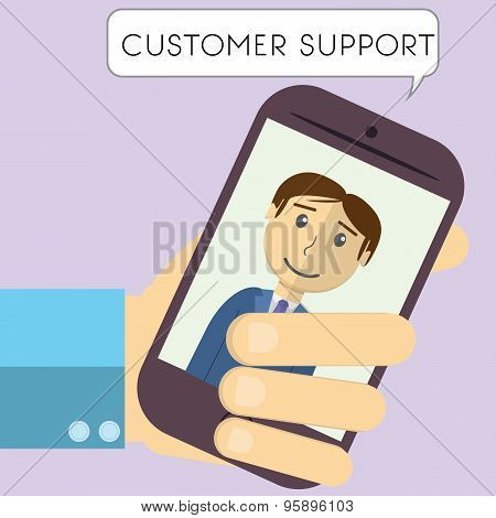 Flat Design Modern Vector Illustration Of Customer Support Manager With Speech Bubble In Mobile Phon