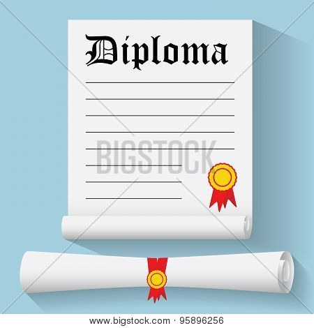 Flat Design Modern Vector Illustration Of Degree Scroll With Red Ribbon And Diploma, On Color Backgr