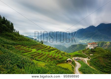 SAPA REGION, VIETNAM - JUNE 15, 2015 - SAPA view point, Lao Cai, Vietnam. Rice fieldson the mountainin rainny season at Northwest Vietnam