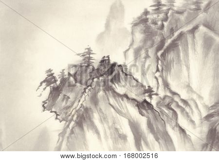 Landscape with mountains on rice paper background. Traditional oriental ink painting sumi-e