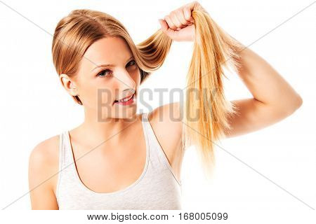 Blond hair. Beautiful woman with straight long hair.