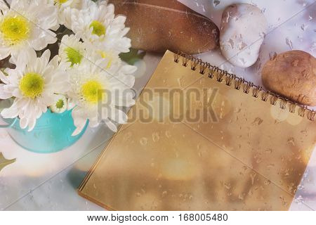 Blank Area Note Book Or Diary With Flower And Pebble And Water Drop