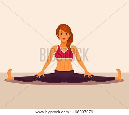 illustration of yoga girl doing the splits. Upavistha Konasana exercise.
