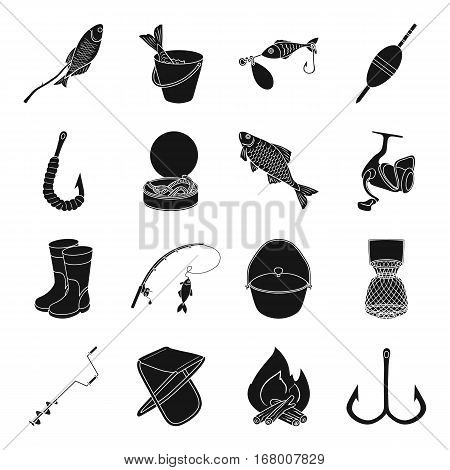 Fishing set icons in black design. Big collection of fishing vector symbol stock illustration