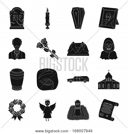 Funeral ceremony set icons in black design. Big collection of funeral ceremony vector symbol stock illustration