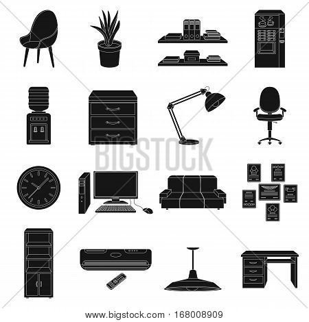 Office furniture and interior set icons in black design. Big collection of office furniture and interior vector symbol stock illustration
