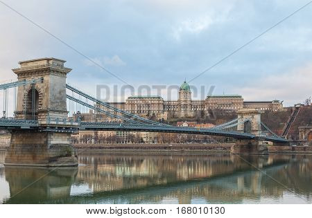 Chain Bridge with Buda Castle Hungary Budapest at day.
