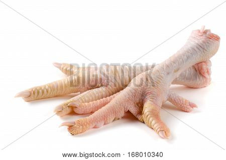 Two chicken feet isolated on white background.
