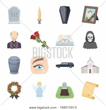 Funeral ceremony set icons in cartoon design. Big collection of funeral ceremony vector symbol stock illustration