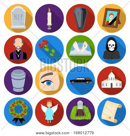 Funeral ceremony set icons in flat design. Big collection of funeral ceremony vector symbol stock illustration