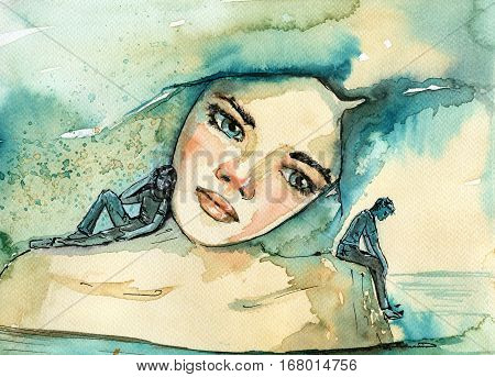 Illustration of abstract and whimsical watercolor portrait of a woman.