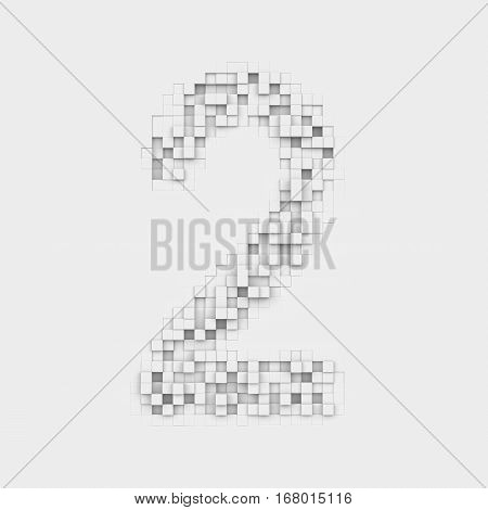 3d rendering of number 2 made up of white square uneven tiles on white background. Letters and numbers. Symbolism. Digits.