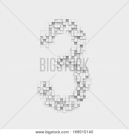 3d rendering of number 3 made up of white square uneven tiles on white background. Letters and numbers. Symbolism. Digits.
