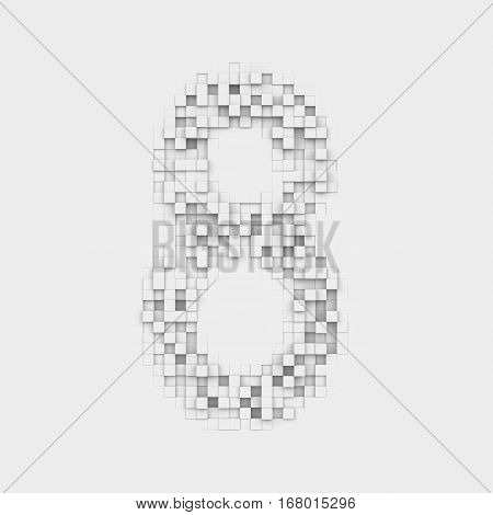 3d rendering of number 8 made up of white square uneven tiles on white background. Letters and numbers. Symbolism. Digits.