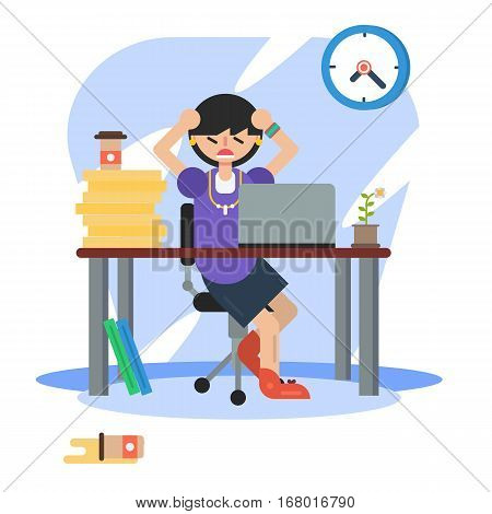 Vector flat character - business lady in stress at table in office with computer papers and coffee with color background. Clock on the white wall. Suitable design for animation
