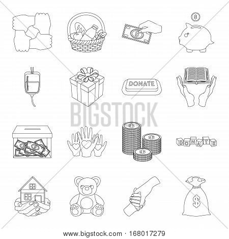 Charity and donation set icons in outline design. Big collection of charity and donation vector symbol stock illustration