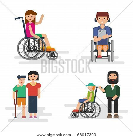 Vector four family situations - parents with disabled children in flat style isolated on white. Suitable design for animation