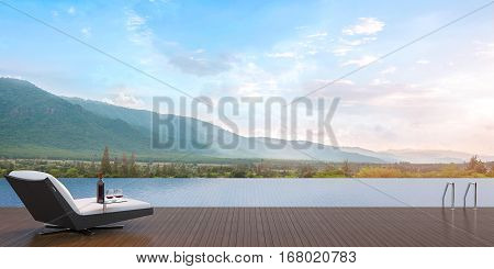 Terrace swimming pool 3D Rendering Image overlooking the surrounding mountains. Has a daybed with a wine tasting.