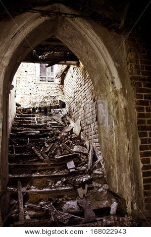 Stairway an abandoned castle in gothic style