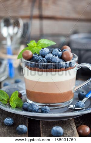 Delicious three layered chocolate mousse dessert decorated with fresh blueberry mint and candies served in glass cup