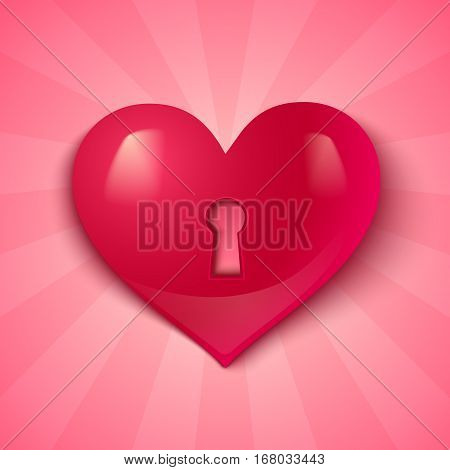 Vector heart with keyhole on pink background. Red heart for Valentine's day.