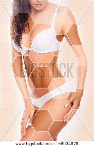 Close up of slim female body. Skin color index