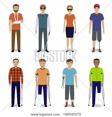 Group of eight different kind disability people. Invalid people concept. Flat style vector illustration.