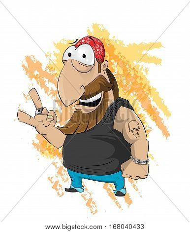 Fun cartoon biker. Full lenth. hand drawn cartoon character. engraving style. vector illustration