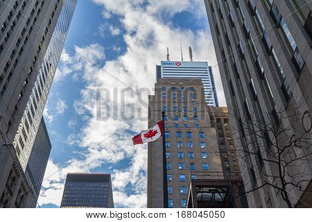 Toronto, Canada - December 20, 2016: Bank of Montreal (BMO) main building in Toronto, Ontario, Canada. BMO is one of the biggest banks in northern America