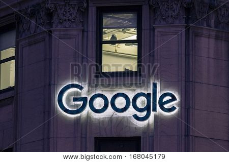 Montreal, Canada - December 22, 2016: Picture of the Google logo on Google headquarters on Sainte Catherine Street in Montreal, Quebec, Canada