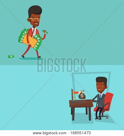 Two business banners with space for text. Vector flat design. Horizontal layout. Businessman getting bag of money coming out of laptop. Man earning money from online business. Online business concept.