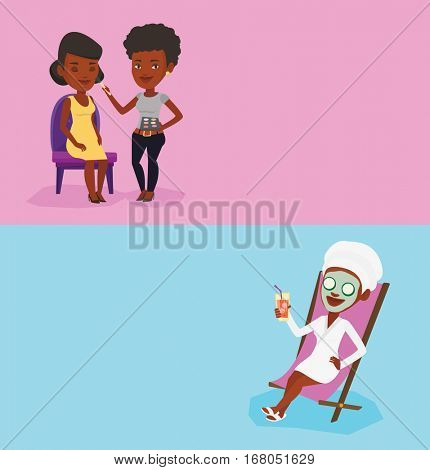 Two beauty banners with space for text. Vector flat design. Horizontal layout. African visagiste applying makeup on woman face. Visagiste doing makeup to young girl. Visagiste doing makeup to a model.
