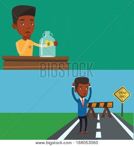 Two business banners with space for text. Vector flat design. Horizontal layout. Bankrupt businessman looking at empty money box. Bankrupt sitting at the table with empty money box. Bankruptcy concept