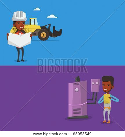 Two construction banners with space for text. Vector flat design. Horizontal layout. Engineer watching a blueprint at construction site. Engineer with blueprint standing on the background of excavator