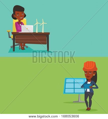 Two ecology banners with space for text. Vector flat design. Horizontal layout. Engineer working on tablet at solar power plant. Worker with tablet computer checking solar panel at solar power plant.