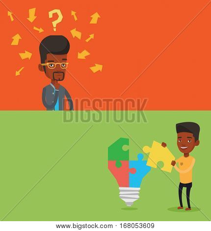 Two business banners with space for text. Vector flat design. Horizontal layout. Businessman completing an idea bulb made of puzzle. Man inserts puzzle in idea bulb. Business solution, idea concept.