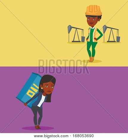 Two ecology banners with space for text. Vector flat design. Horizontal layout. Worker of oil industry carrying barrel on back. Worker walking with oil barrel on back. Worker holding heavy oil barrel.