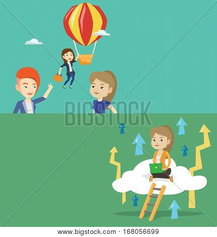 Two business banners with space for text. Vector flat design. Horizontal layout. Two employees looking at their successful colleague. Worker flying away in balloon from her less successful colleagues.