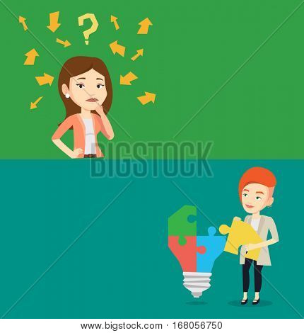 Two business banners with space for text. Vector flat design. Horizontal layout. Woman thinking under question mark and arrows. Thoughtful business woman with question mark. Business thinking concept.