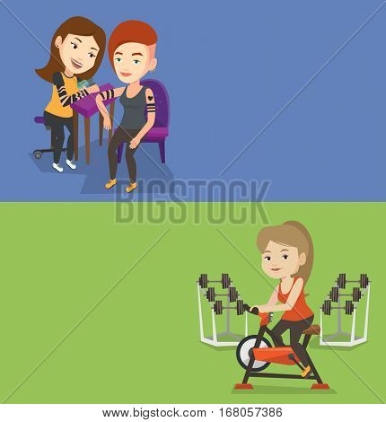 Two lifestyle banners with space for text. Vector flat design. Horizontal layout. Tattooist makes a tattoo on the hand of a woman. Tattooist makes a tattoo to a client. Caucasian tattoo artist at work