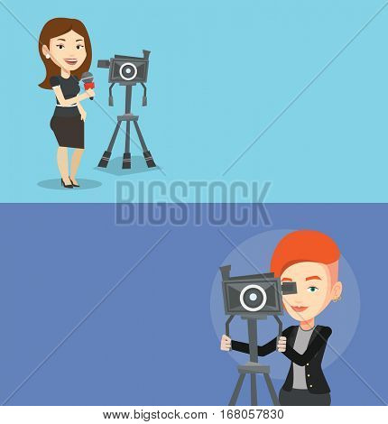 Two media banners with space for text. Vector flat design. Horizontal layout. Cheerful reporter with microphone standing near camera. TV reporter presenting the news. TV transmission with a reporter.